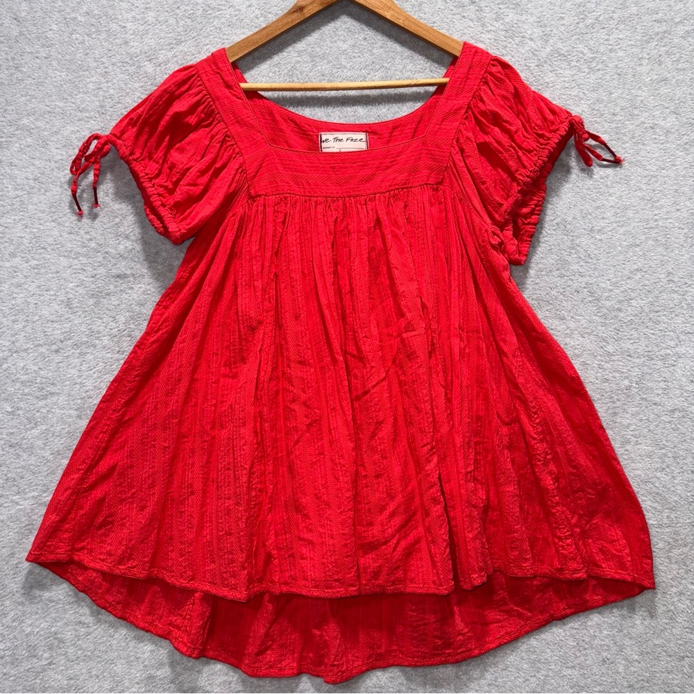 Free People Womens S Summer Camp Tunic Fiery Red Cotton Puff Sleeve We The Free